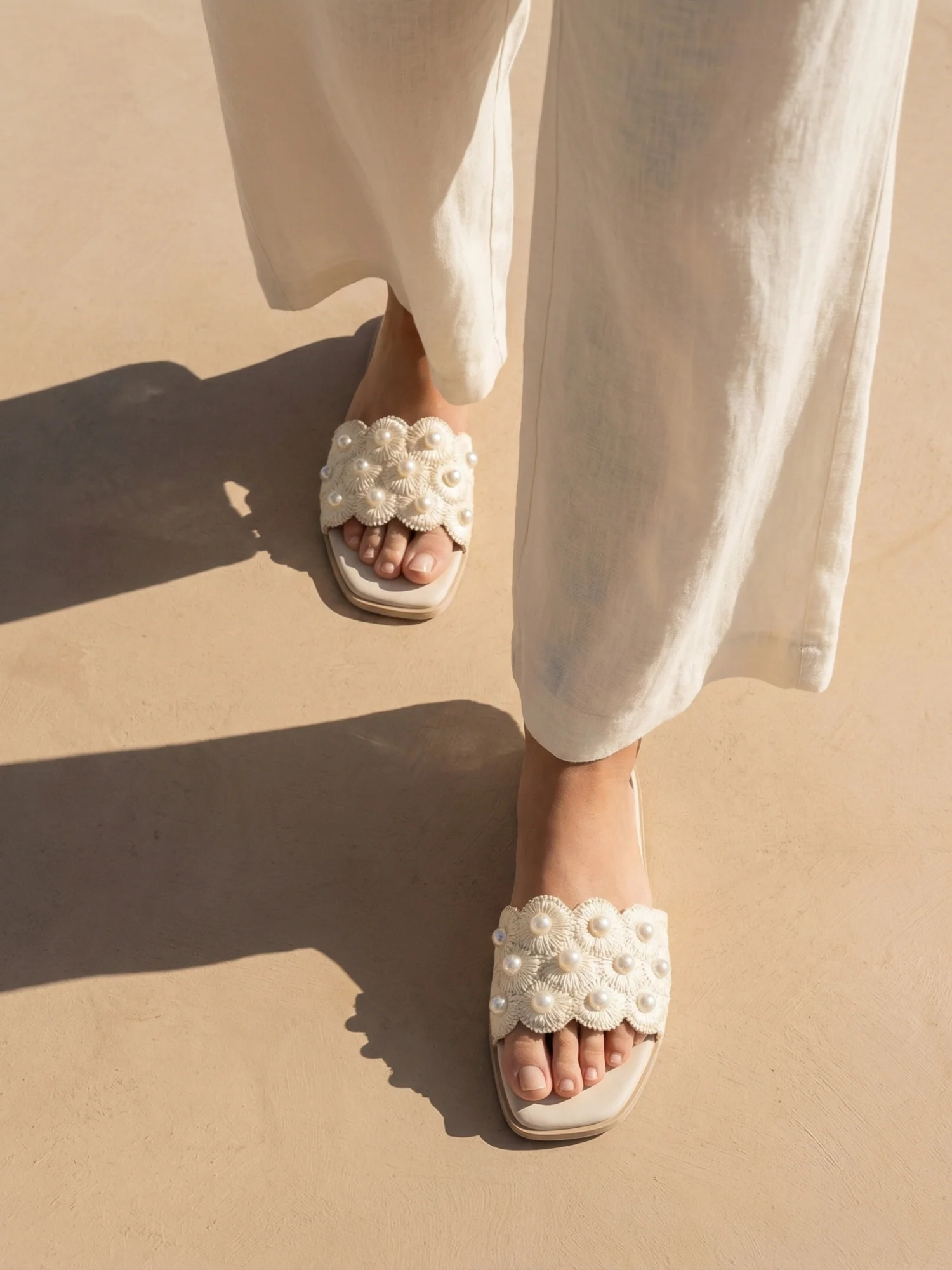 The Cathleen | Ivory White Pearl Raffia Wedding Slide Sandal - Image 4