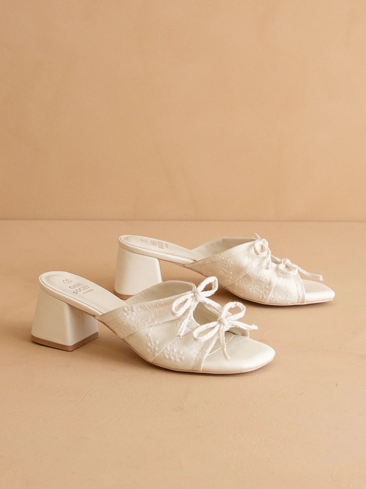 The Emerald | White Double Bow Peep Hole Block Heel - Image 3