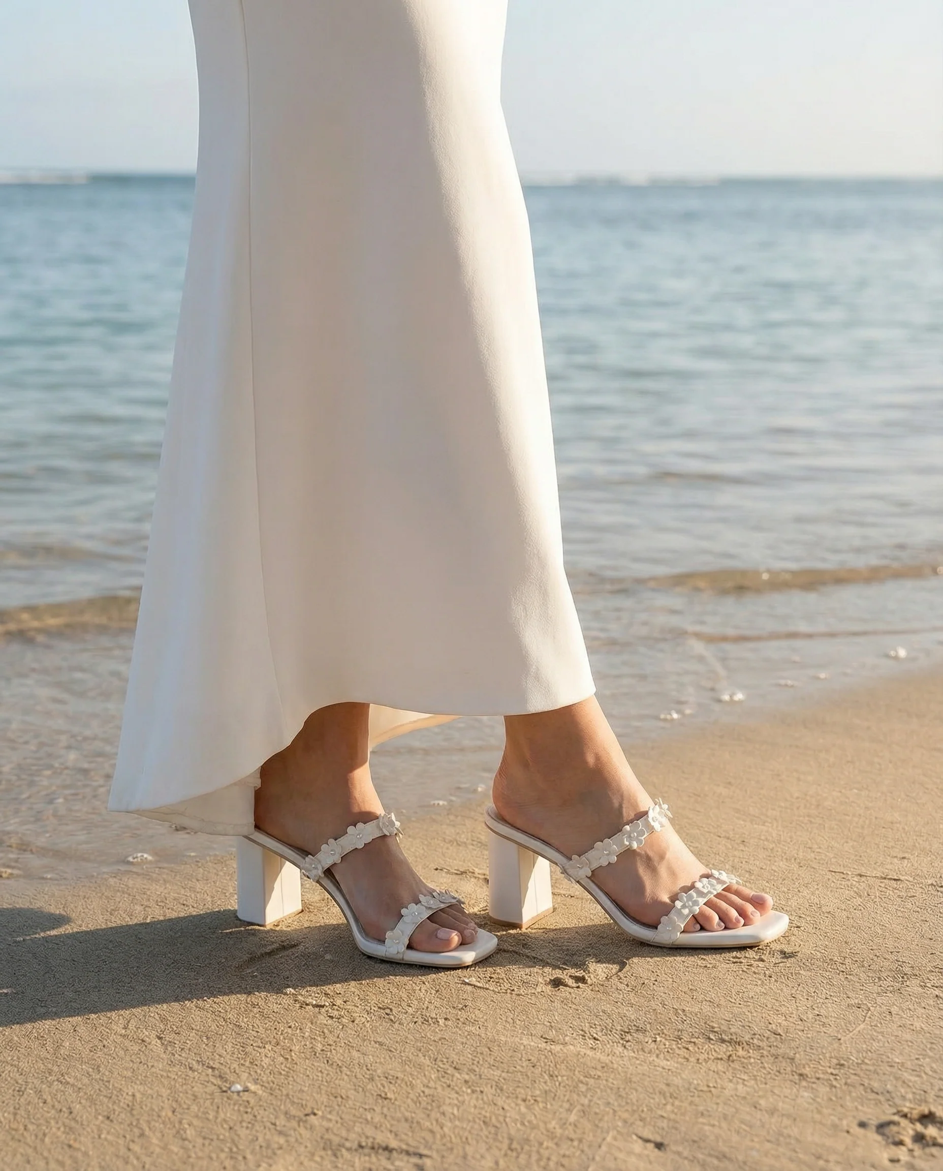 The Feliza | White Floral Raffia Block Heel Bridal Sandal - Image 5