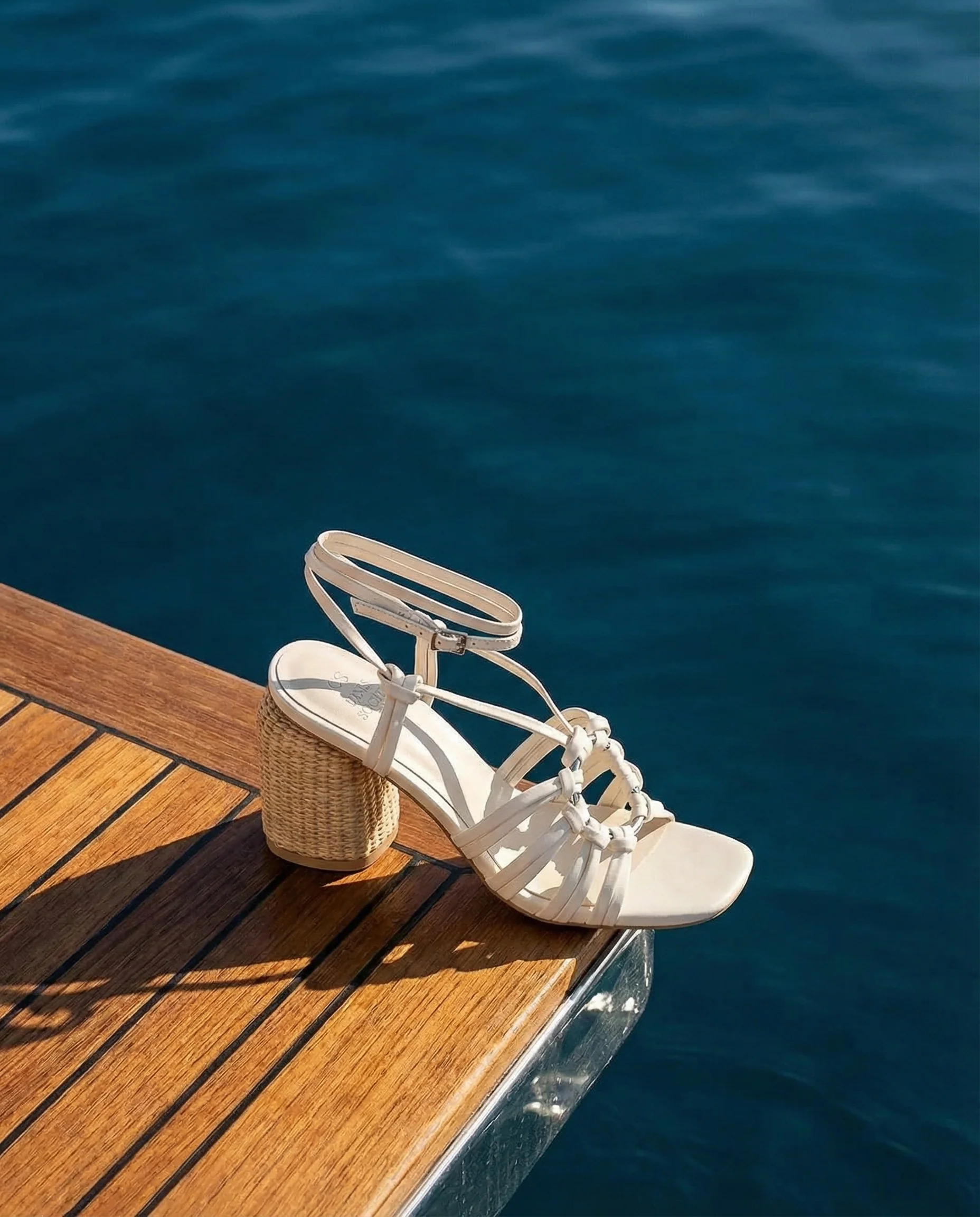 The Monza | White Strappy Raffia Basket Weave Block Heel - Image 5