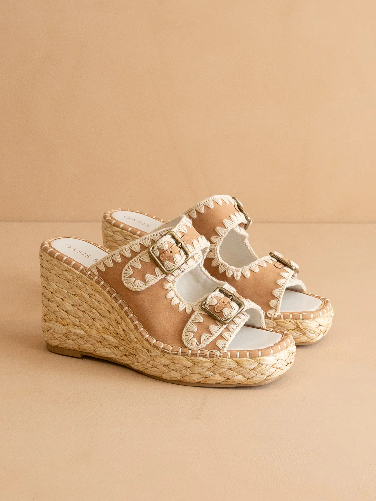 The Rae | Camel Embroidered Espadrille Wedges With Double Buckle Straps *FINAL SALE* - Image 2