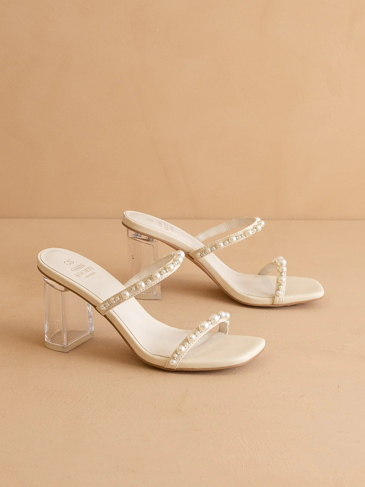 The Mae | Beige Wedding Pearl Detail Clear Block Heel - Image 3