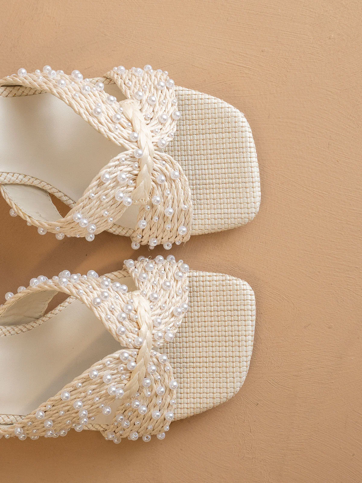 The Tiara | White Pearl Embroidered Raffia Block Heel - Image 3