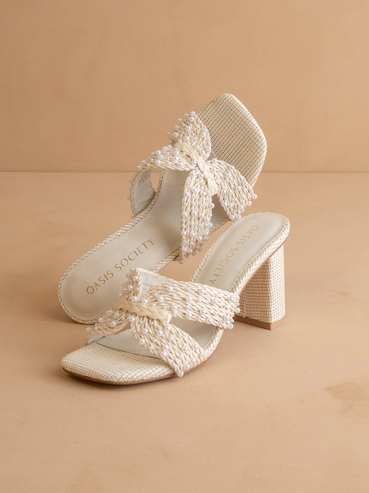 The Tiara | White Pearl Embroidered Raffia Block Heel - Image 4